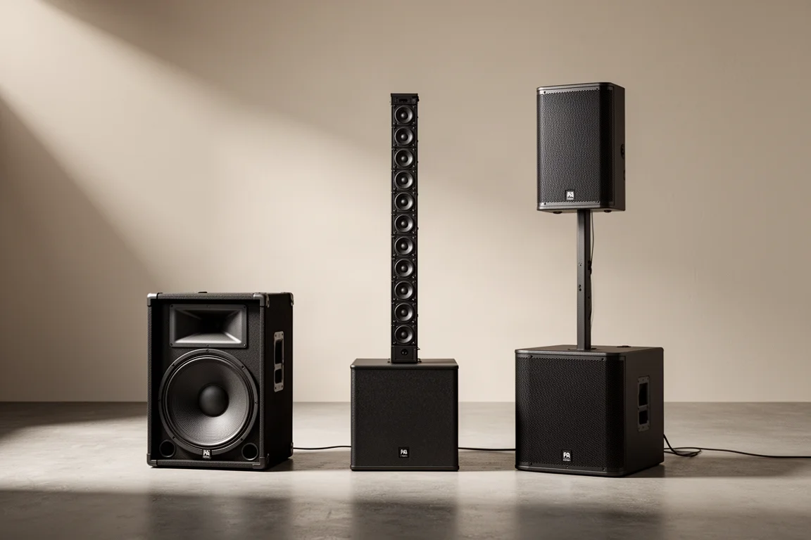Three powered PA speakers arranged on a concrete floor in a studio setting
