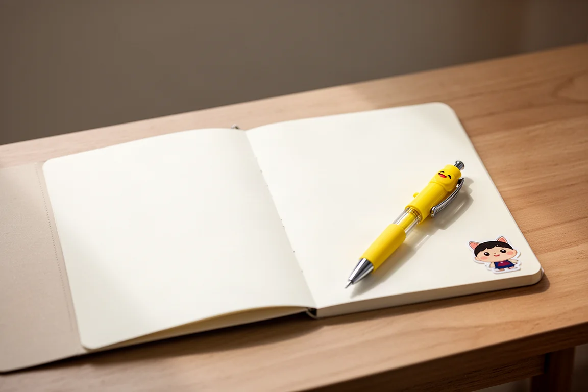 Taccuino aperto con una penna a tema personaggio posata accanto su una scrivania in legno