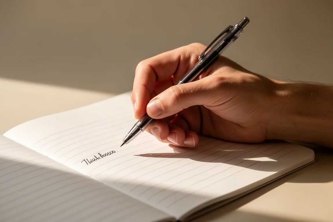 Primo piano di una mano che impugna con leggerezza una penna sopra un foglio di taccuino a righe