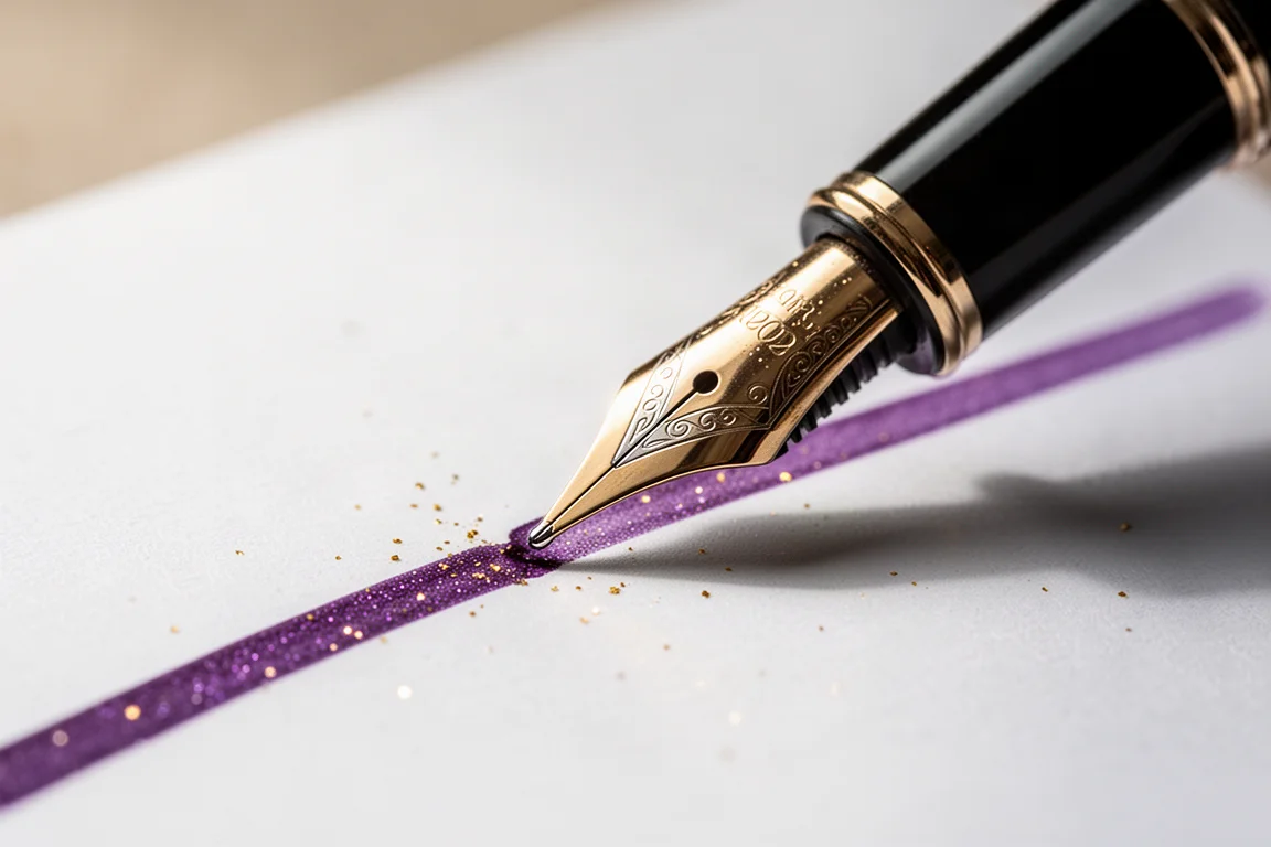 Penna stilografica che scrive inchiostro viola brillante su carta bianca