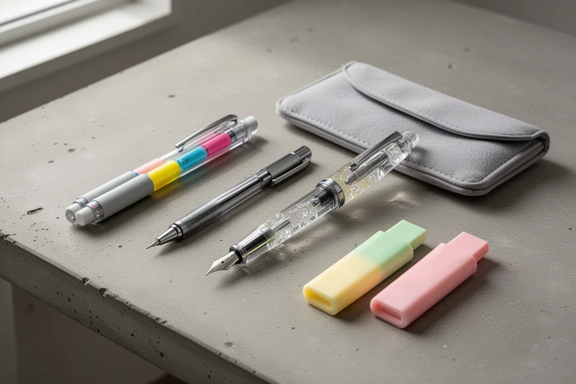 Composizione flat-lay di penne, una matita, una penna stilografica, una custodia per penna ed evidenziatori su una scrivania