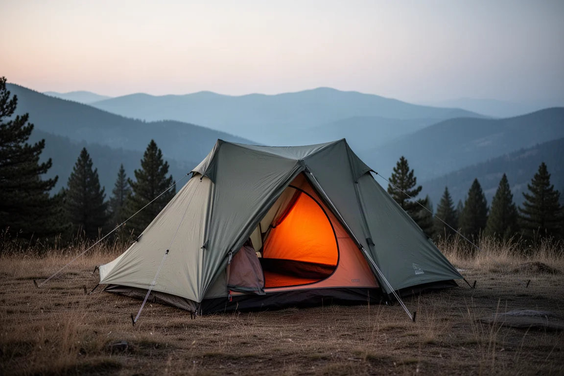Four-person pop-up camping tent pitched on a mountain campsite at dusk