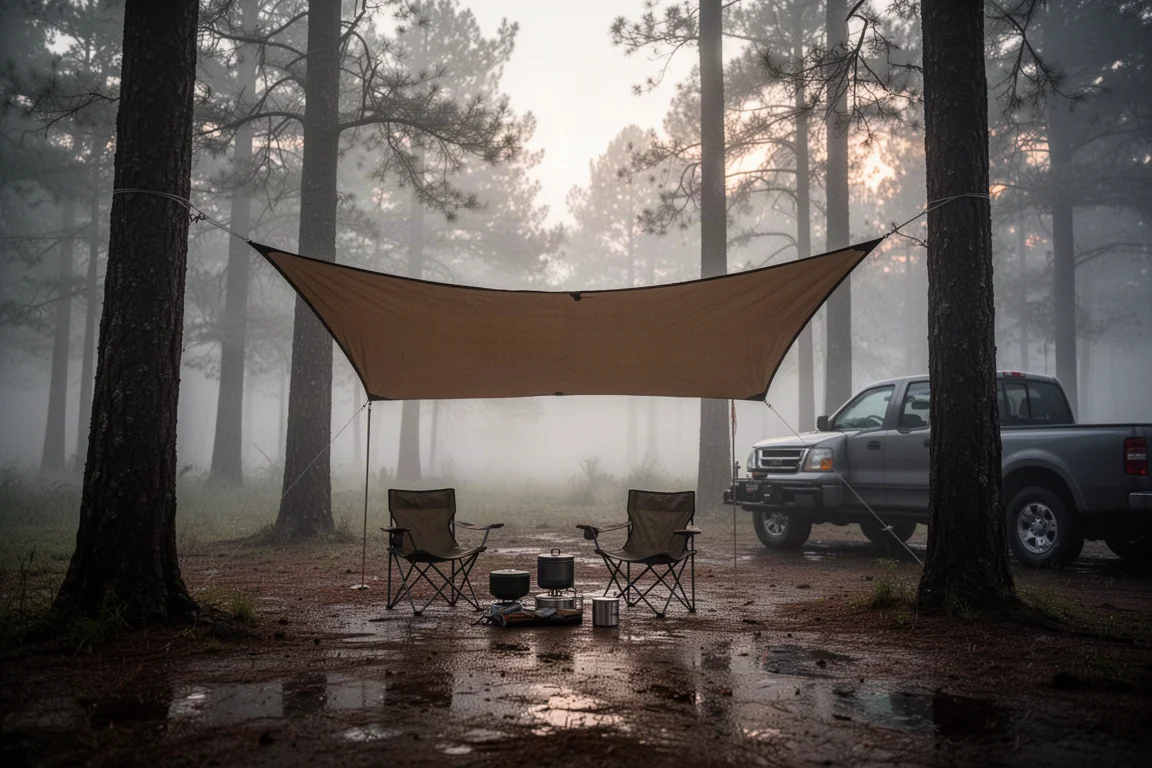 Vista interna di una tenda con pannelli in mesh sul tetto e luce del giorno che filtra dal telo esterno