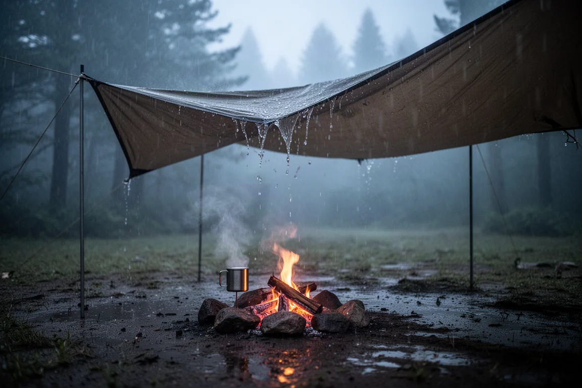 Tenda da campeggio umida, piegata e riposta sull'erba bagnata nella nebbia mattutina