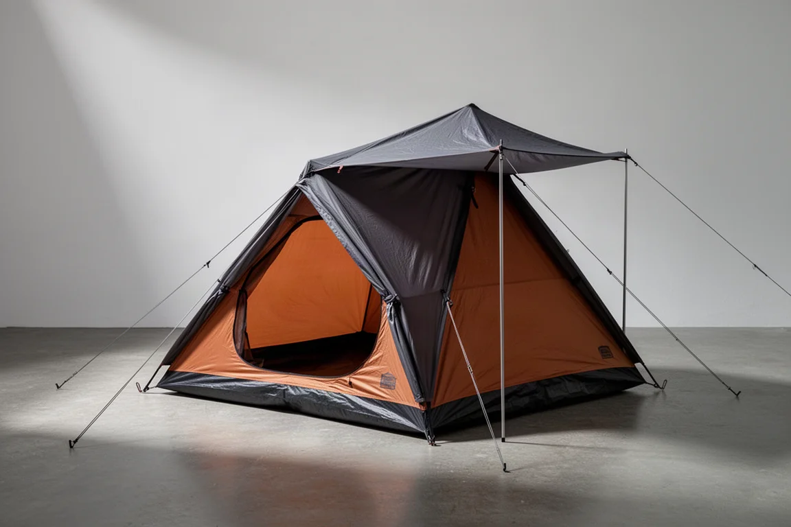 Four-person pop-up A-frame camping tent with dark shell and orange interior on concrete