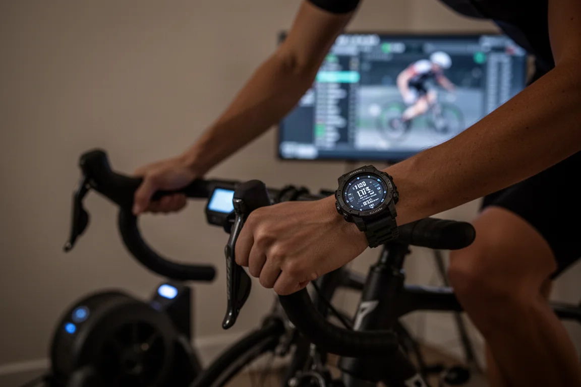Kolarz trenujący w domu na trenażerze smart z zegarkiem sportowym nadającym tętno