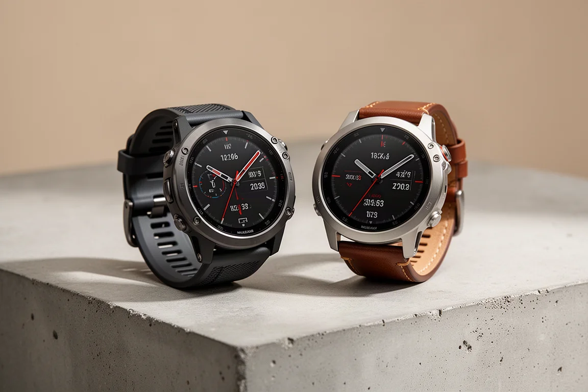 Two rugged GPS sports watches with round displays side by side on concrete