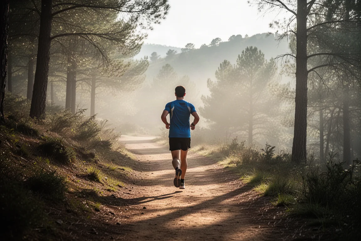 Coureur sur un sentier de terre traversant des collines boisées dans une douce lumière matinale