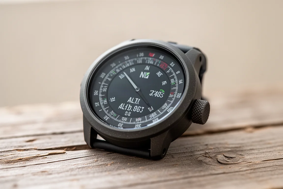 Gros plan sur le cadran d'une montre de sport robuste affichant le cap de la boussole et l'altitude