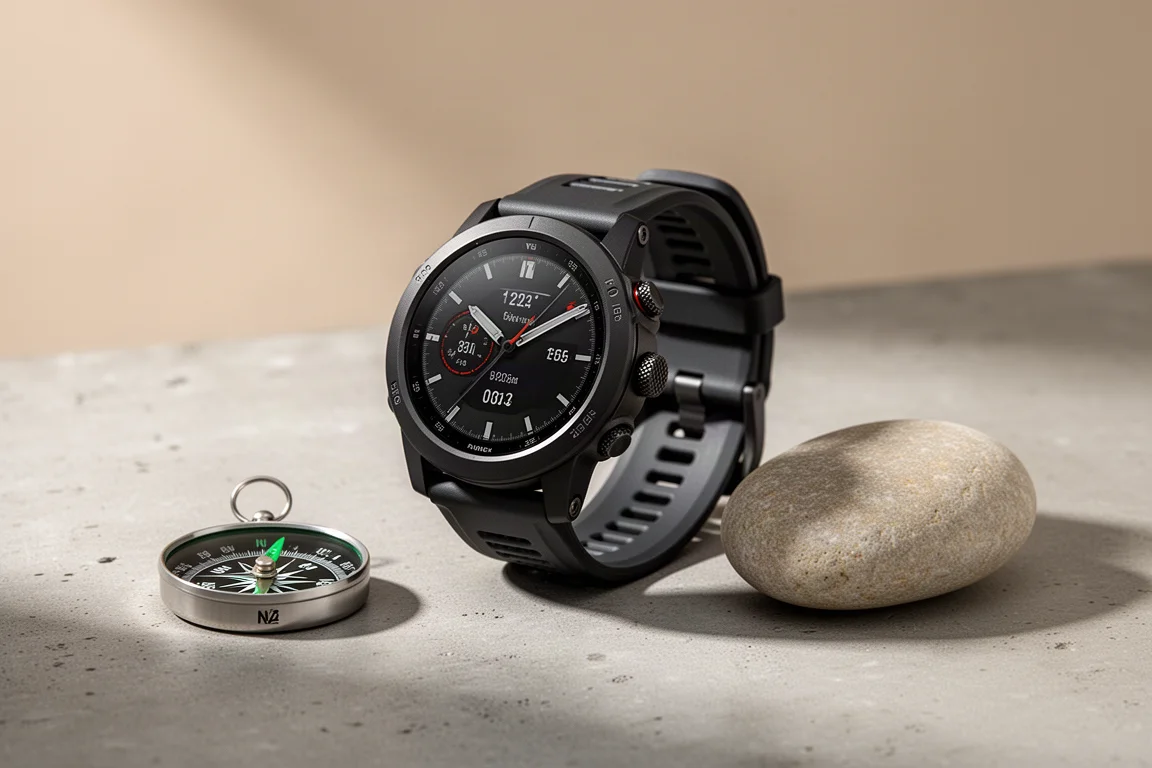 Rugged black multi-sport GPS watch on concrete beside a small compass