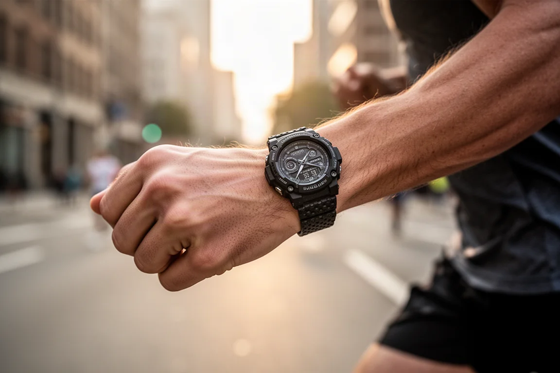 Runner checking a rugged GPS watch during an early morning run on city streets