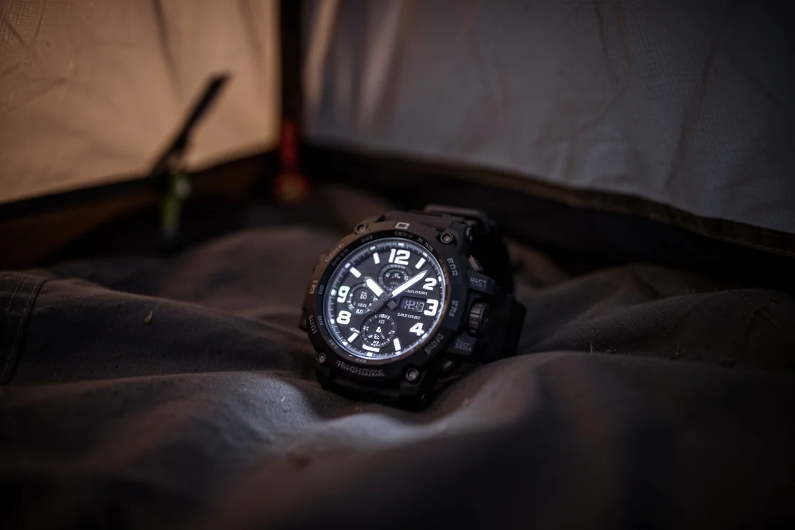 Watch screen glowing in a dim tent at night with a soft white light