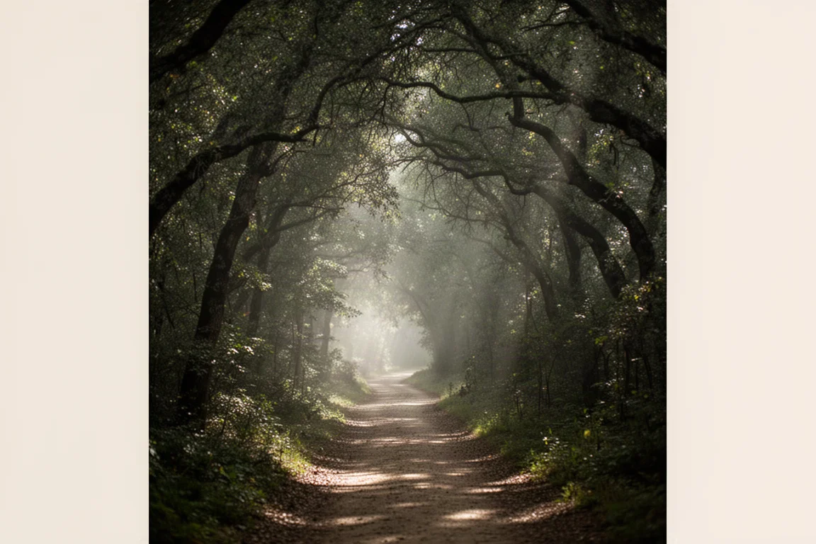 Trail winding through dense trees with poor visibility for GPS signals