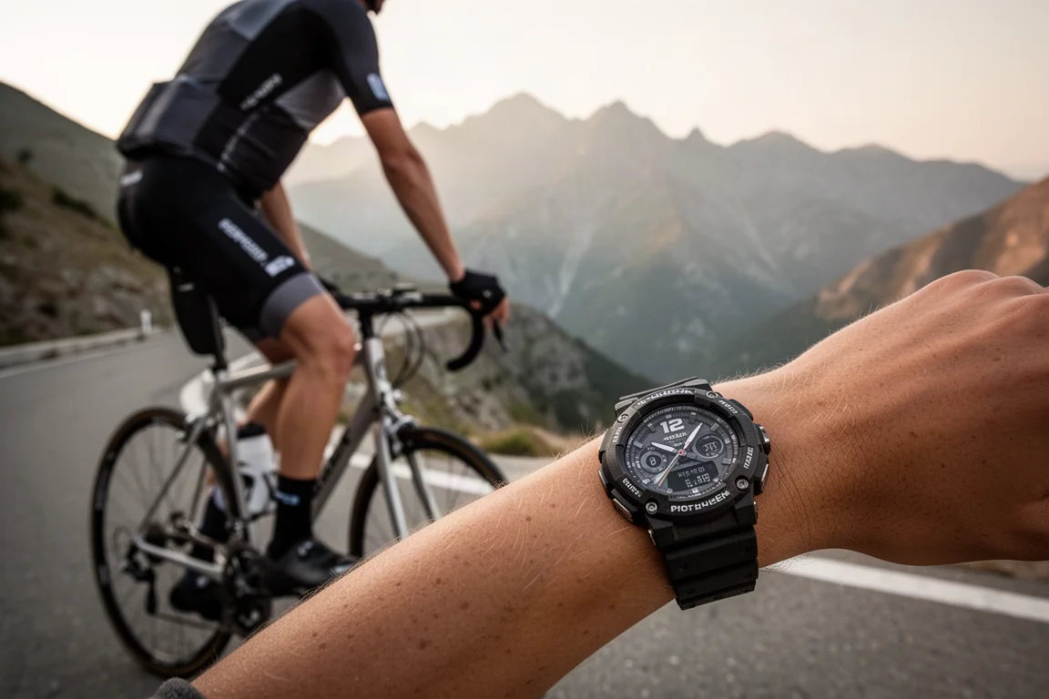 Cyclist pausing on a mountain switchback road with a watch on the wrist