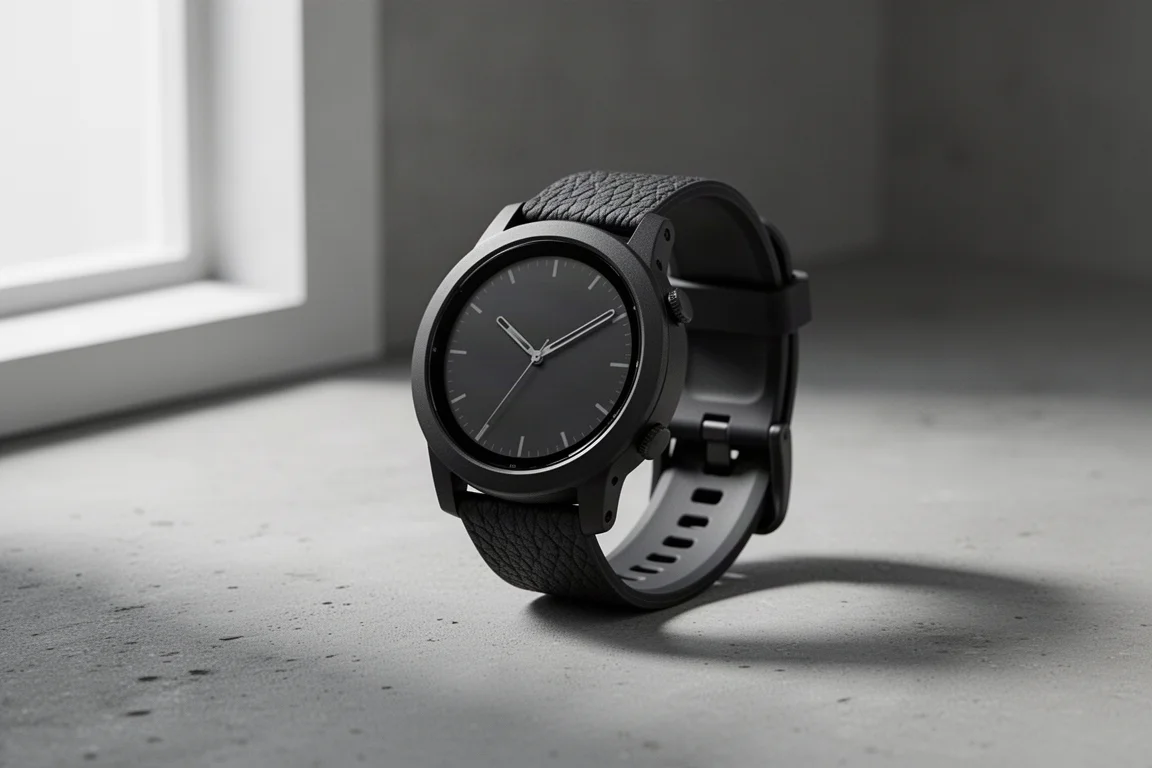 Sportwatch nero robusto con cinturino texture appoggiato su una superficie di cemento
