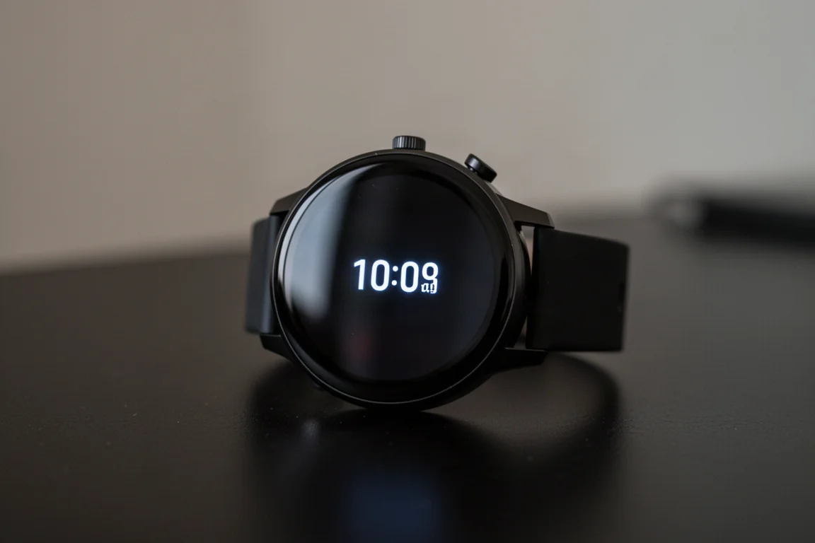 Display rotondo AMOLED di uno smartwatch illuminato su una scrivania scura