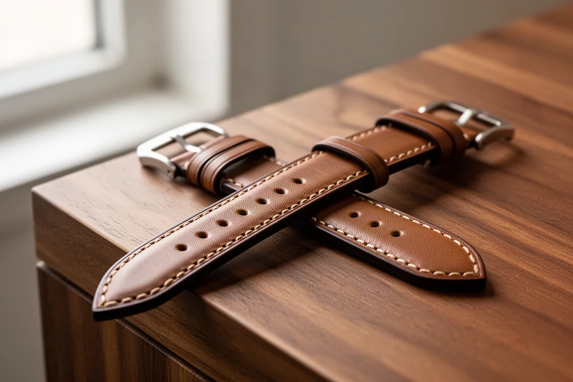 Dettaglio del cinturino in pelle dell'orologio su una superficie in legno