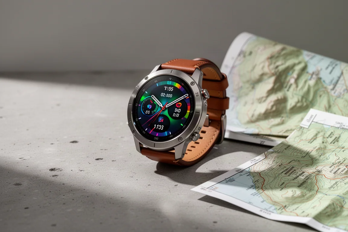 Polar Grit X2 Pro Adventure-GPS-Uhr auf Beton neben einer gefalteten Karte