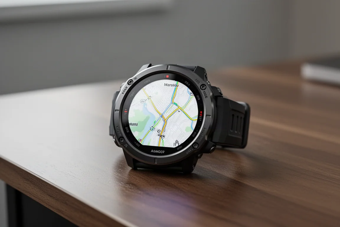 Montre GPS robuste à l'écran AMOLED lumineux posée sur un bureau en bois