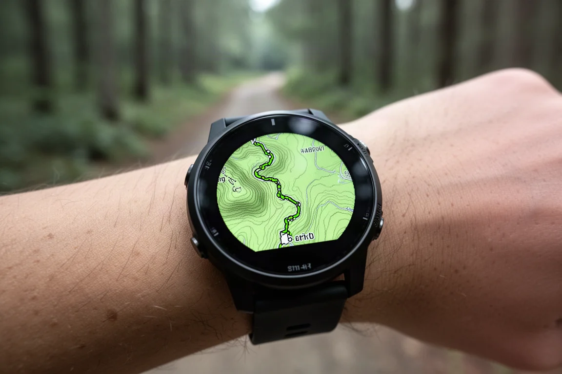 Écran d'une montre GPS affichant une carte de sentier hors ligne