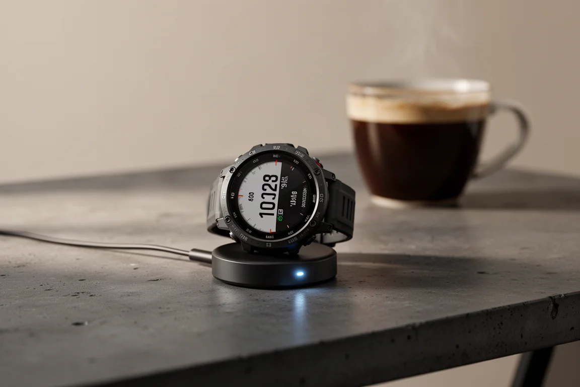 Montre GPS en charge sur un bureau sous une faible lumière matinale