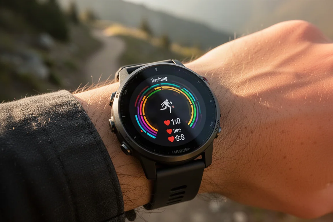 Nahaufnahme eines hellen AMOLED-Zifferblatts mit Trainingsdaten bei Tageslicht