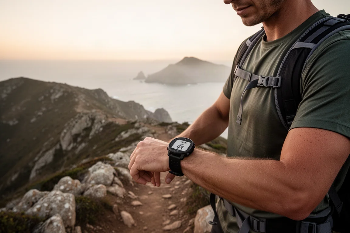 Wanderer prüft auf einer mehrtägigen Trekkingtour eine Route auf der Uhr