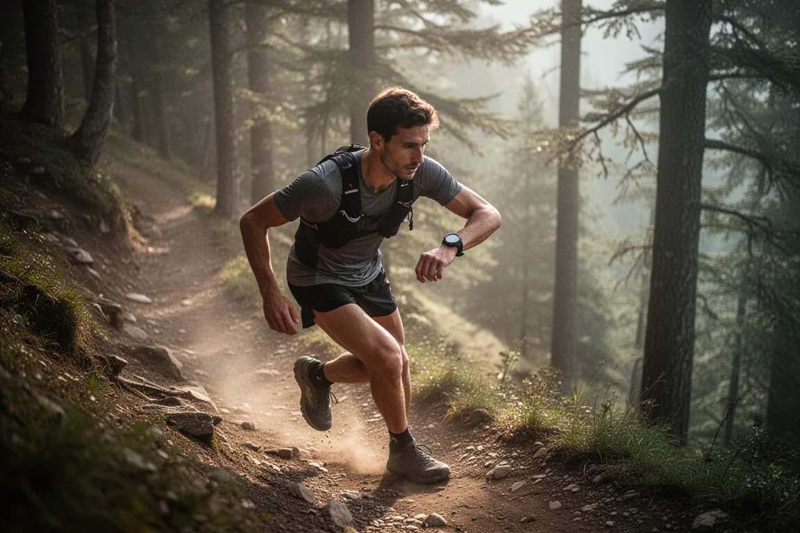 Läuferin mit GPS-Uhr auf einem baumgesäumten Trailanstieg