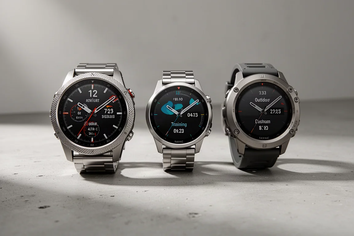 Tre smartwatch GPS multisport di fascia alta disposti su una superficie di cemento