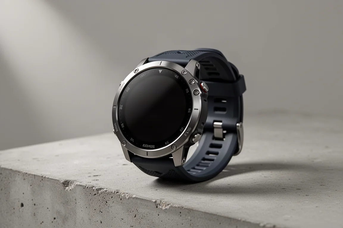 Rugged multisport GPS watch with stainless steel bezel on concrete surface