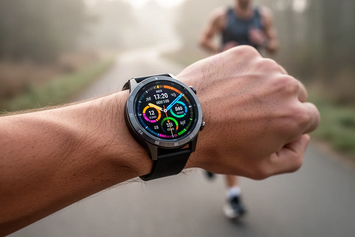 Läuferin prüft eine leuchtende AMOLED-Sportuhr am Handgelenk bei weichem Tageslicht