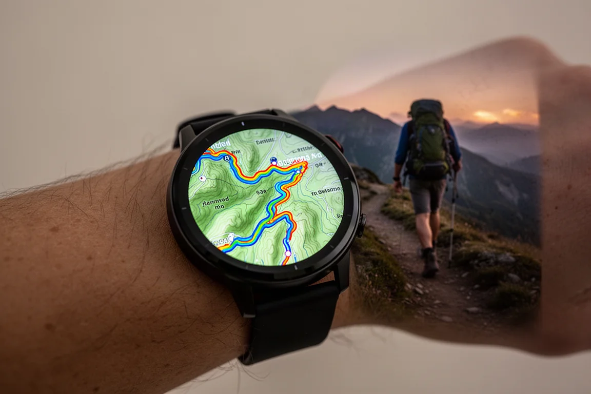 Wanderer folgt einer farbenfrohen Routenkarte auf einem Uhrendisplay in der Abenddämmerung