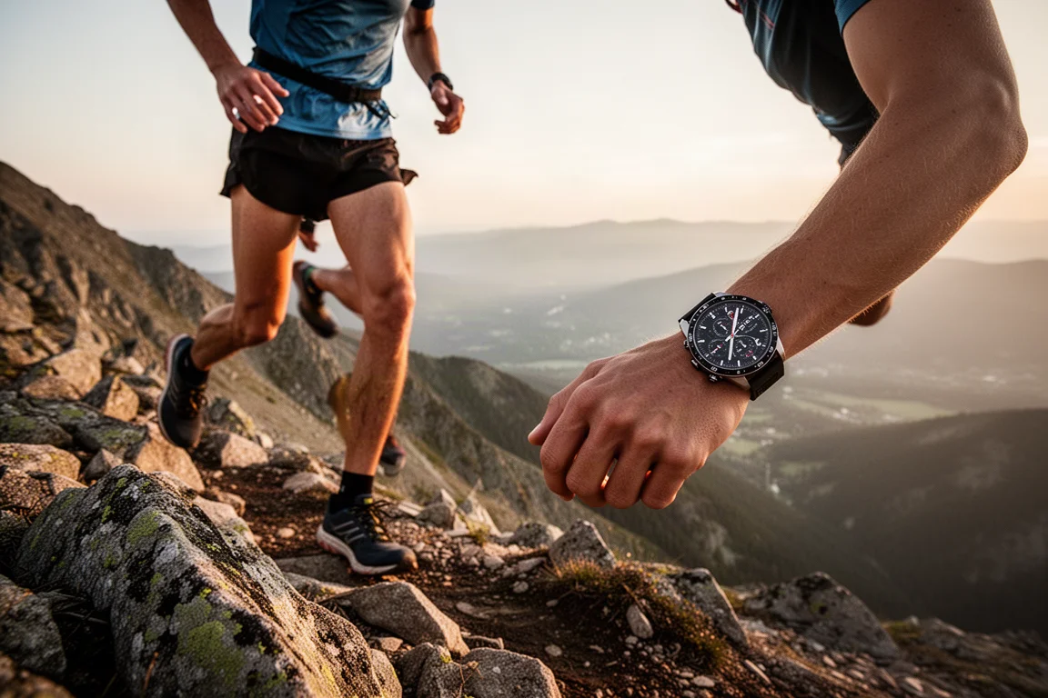 Trailrunner steigt in der goldenen Stunde mit großer Sportuhr auf einen Bergkamm