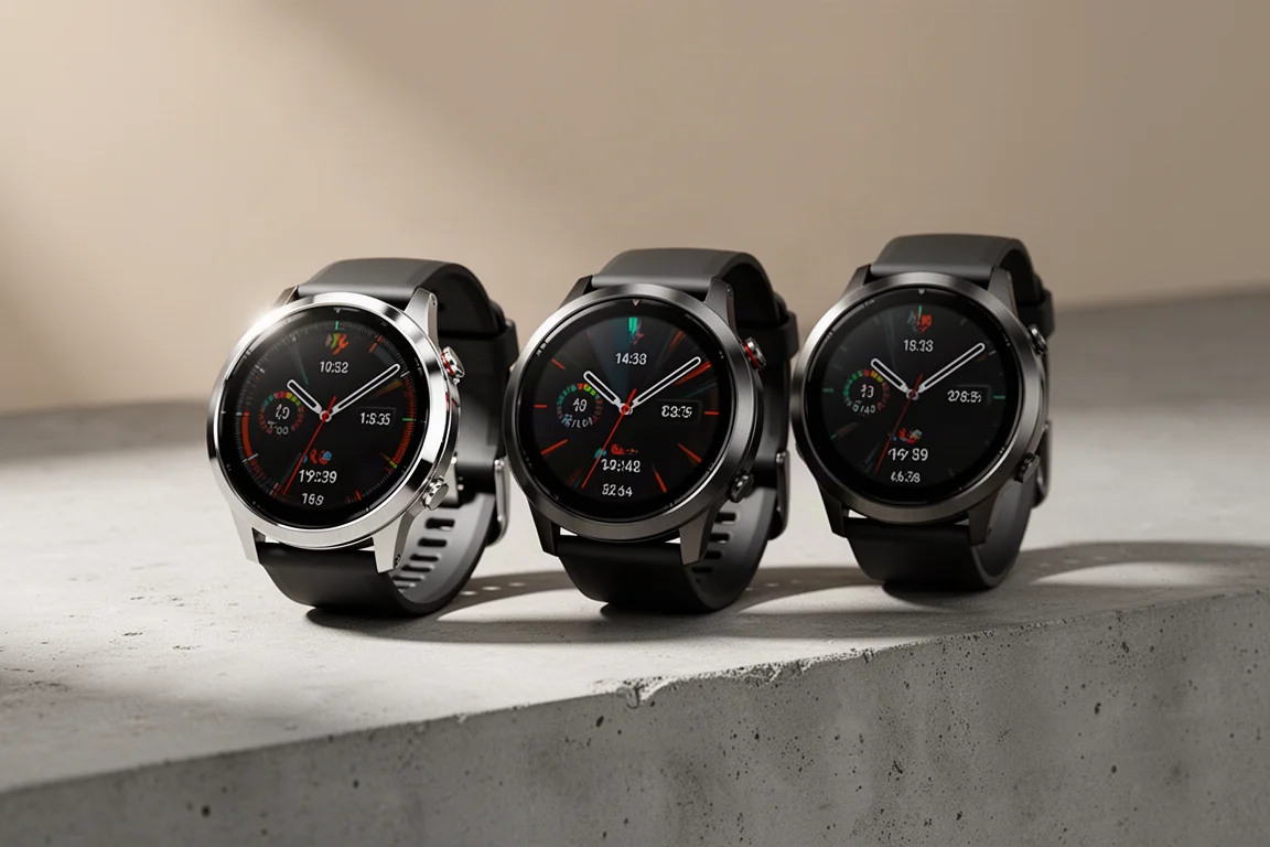Three premium GPS sports watches with round AMOLED screens on a concrete surface