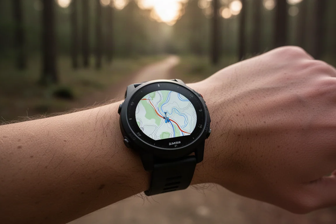 Multisport GPS watch on a wrist showing a trail map on a bright display