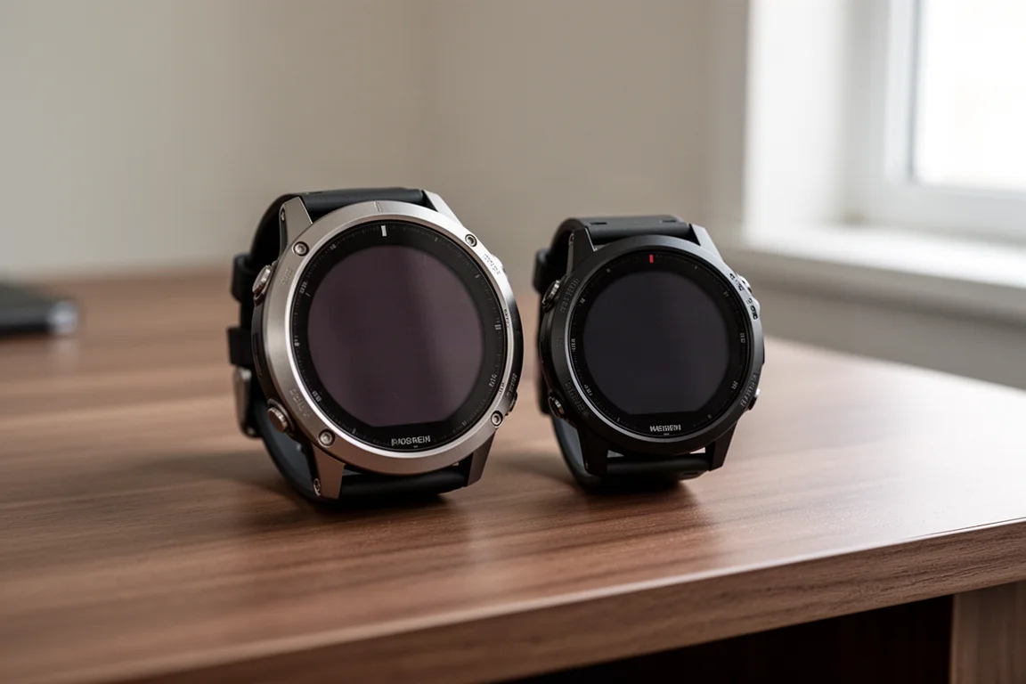 Two GPS watches of different sizes side by side on a wooden desk