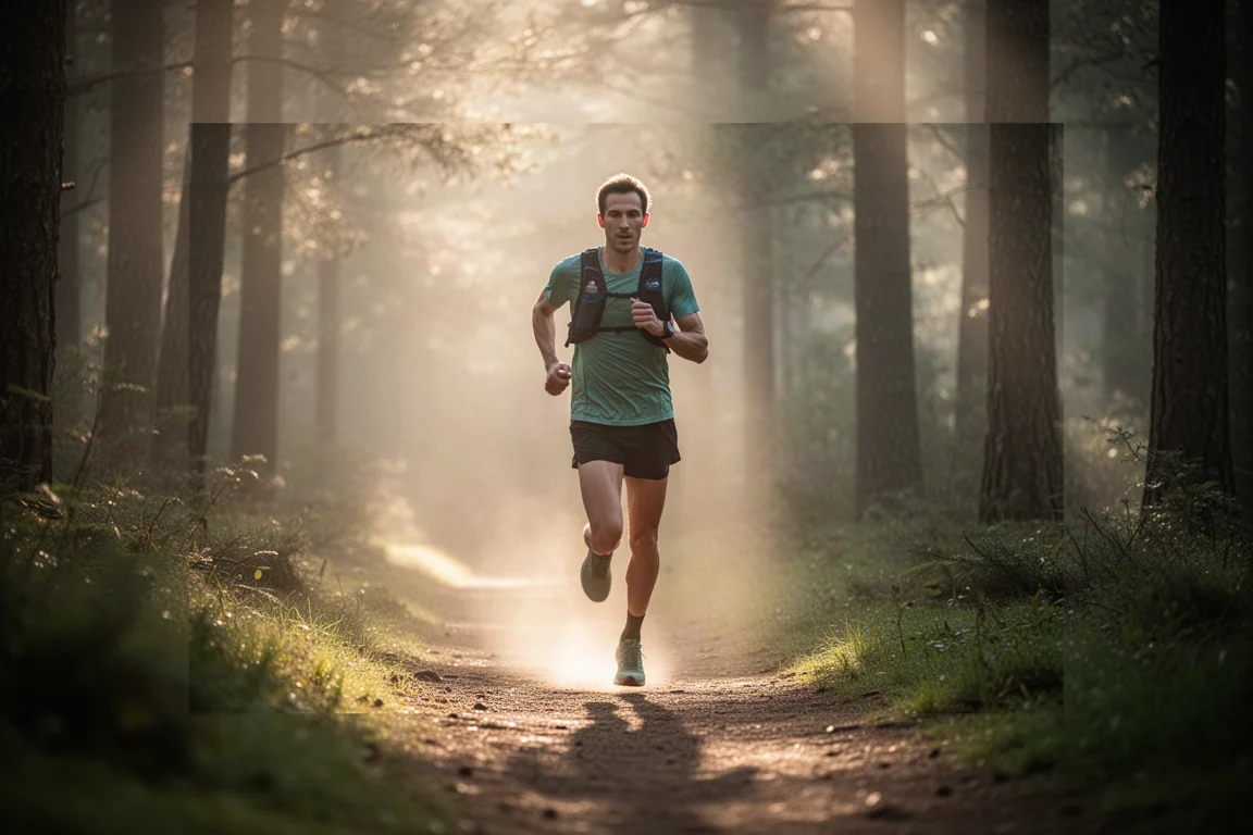 Trail runner in motion on a forest path in soft morning light