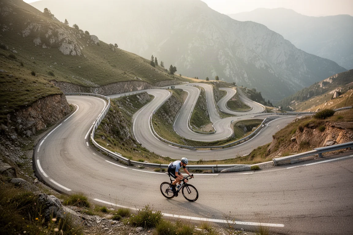 Cyclist riding a winding mountain switchback road in daylight