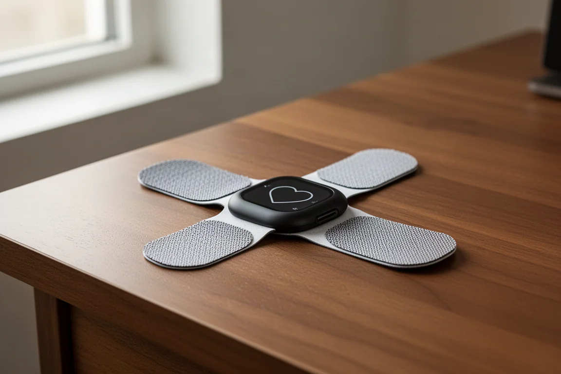 机の上に置かれた心拍モニターのセンサーモジュールのクローズアップ