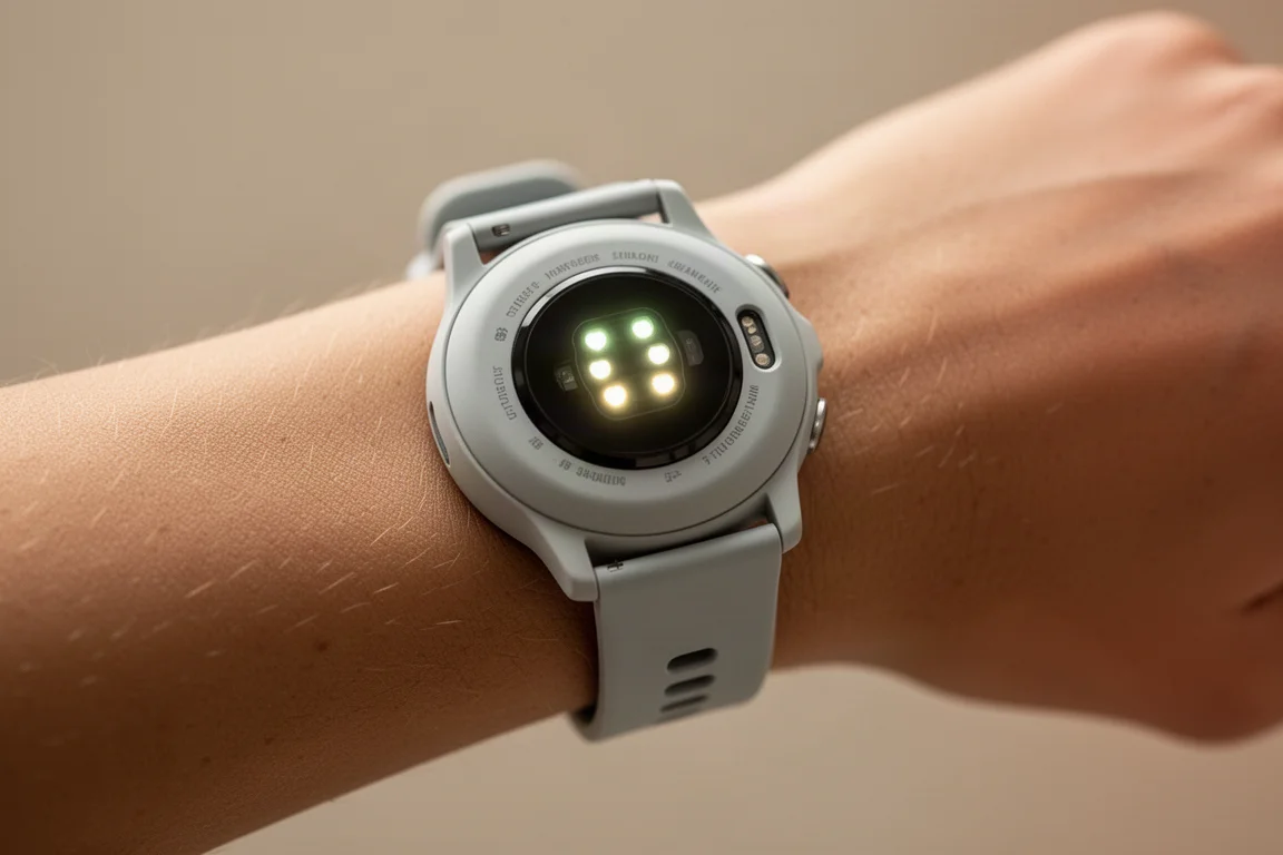 Smartwatch carregando em uma mesa de cabeceira à noite