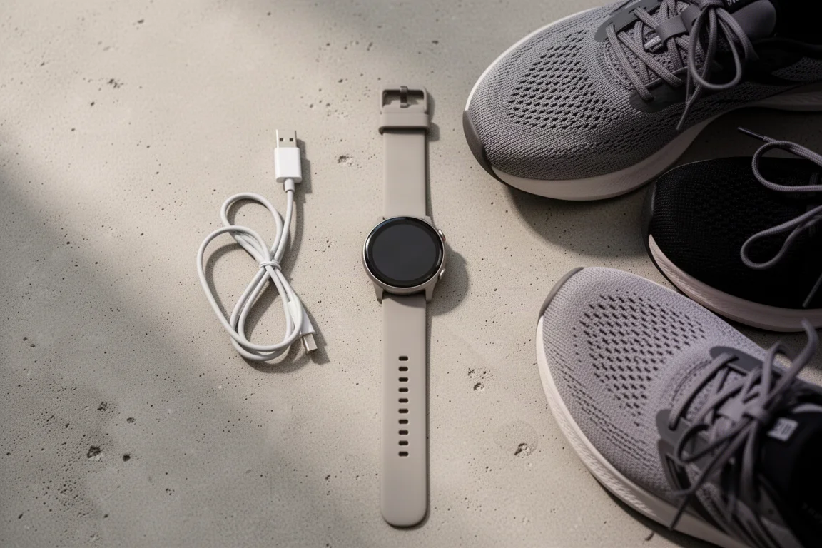 Atleta ajustando uma pulseira fina de silicone camada inferior antes da corrida