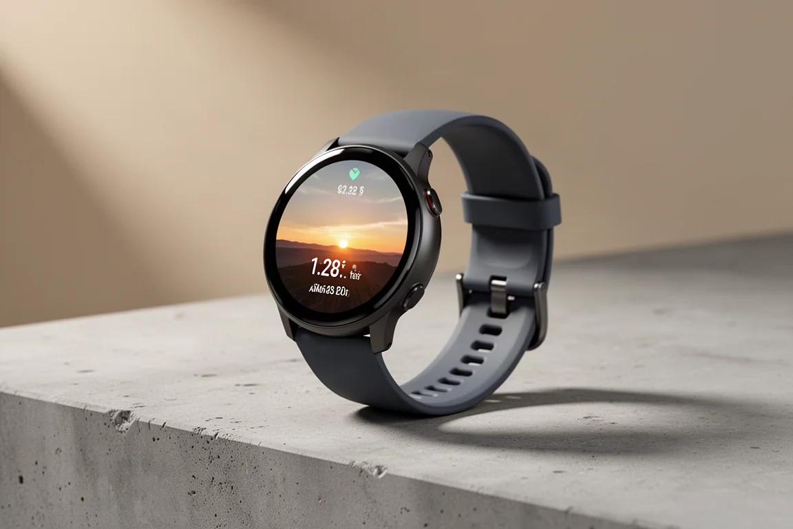 Polar Ignite 3 Sport-Smartwatch mit rundem AMOLED-Display auf einer Betonoberfläche