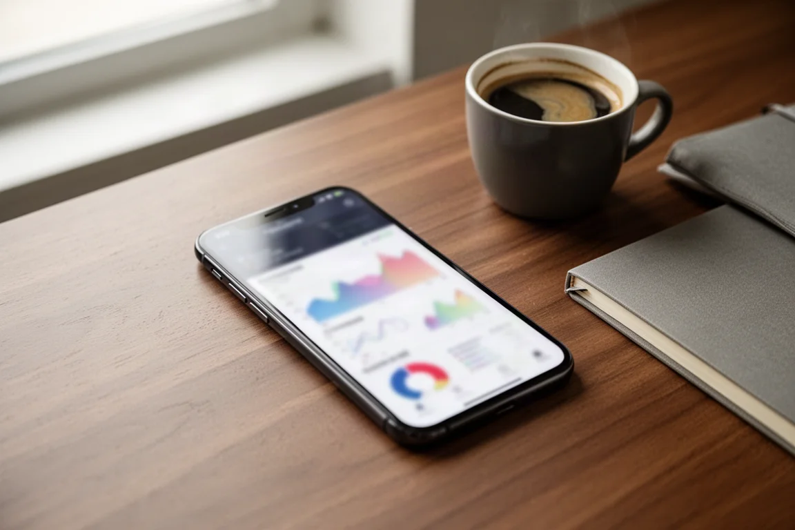 Smartphone screen showing workout statistics beside a coffee cup