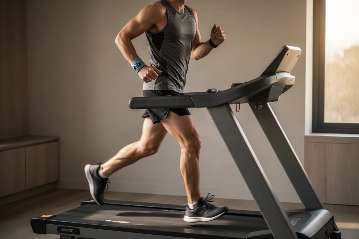 Runner on a treadmill during an interval session in a home gym