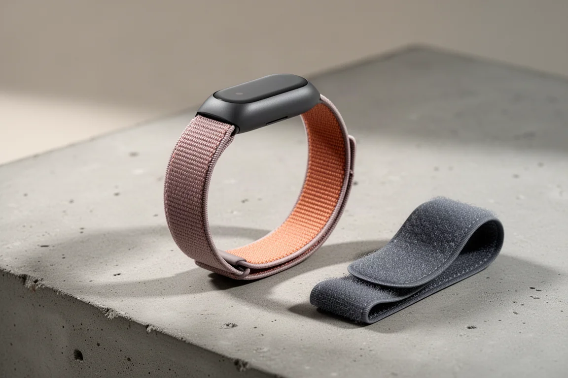 Screenless fabric fitness tracker band with sensor module on a concrete surface