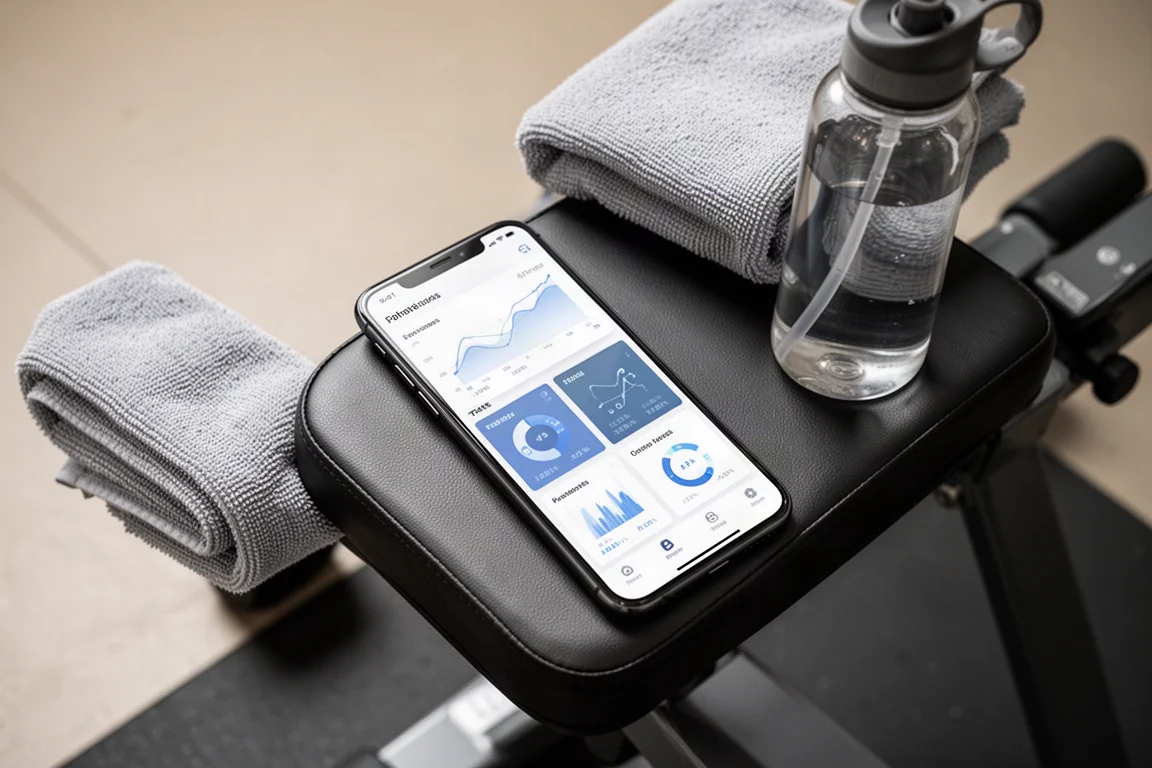 Sporter controleert trainingsgegevens in een smartphone-app na een workout