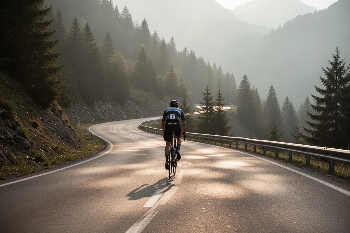 Wielrenner daalt af tijdens een lange trainingsrit over een bergweg