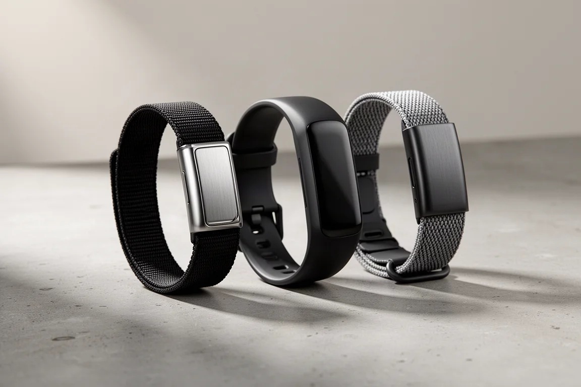 Drei bildschirmlose Fitness-Tracker-Armbänder auf einer Betonfläche arrangiert