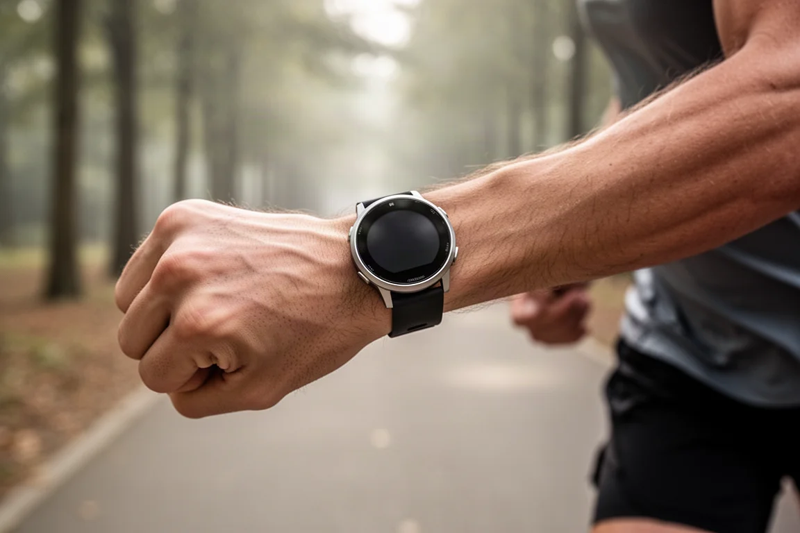 Biegacz sprawdza zegarek sportowy z GPS podczas spokojnego porannego biegania