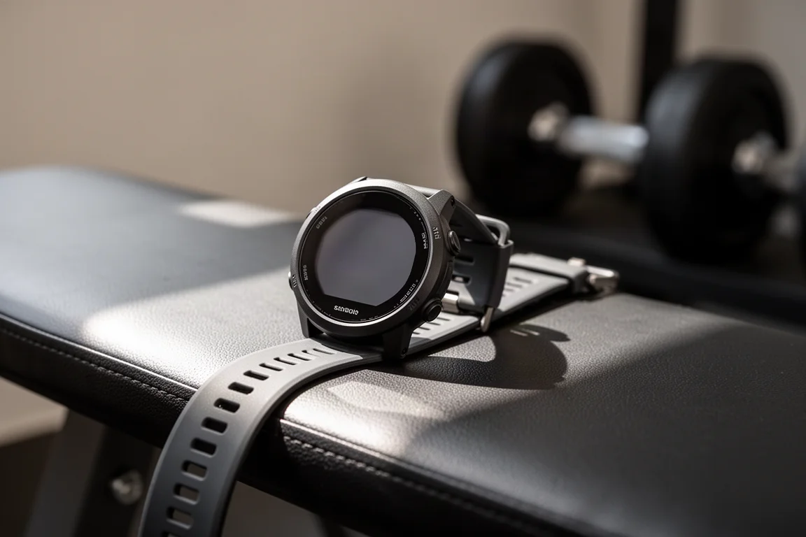 Tańszy zegarek sportowy z GPS leżący na ławce na siłowni po treningu